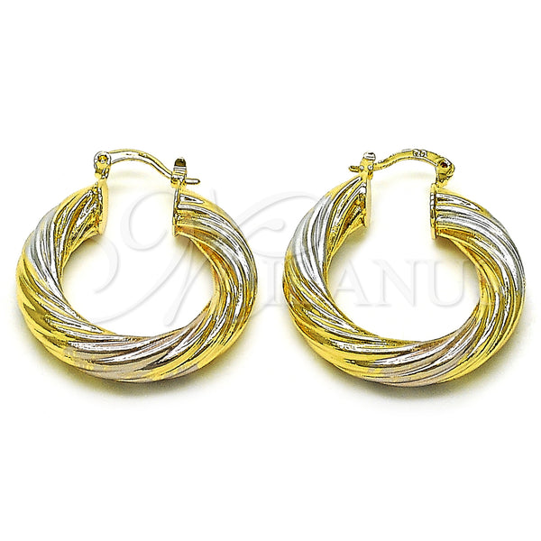 Gold Filled Hoop Earrings — Medium Hoop Twist and Hollow Design Polished Tricolor — main product view — SKU 157354 | Oro Laminado aretes de aro — Medium Hoop Twist and Hollow diseño pulido Tricolor — SKU 157354