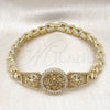 Oro Laminado Fancy Bracelet, Gold Filled Style Centenario Coin and Eagle Design, with White Cubic Zirconia, Polished, Golden Finish, 03.411.0064.08 (20 MM Thickness, 8 Inches Length)