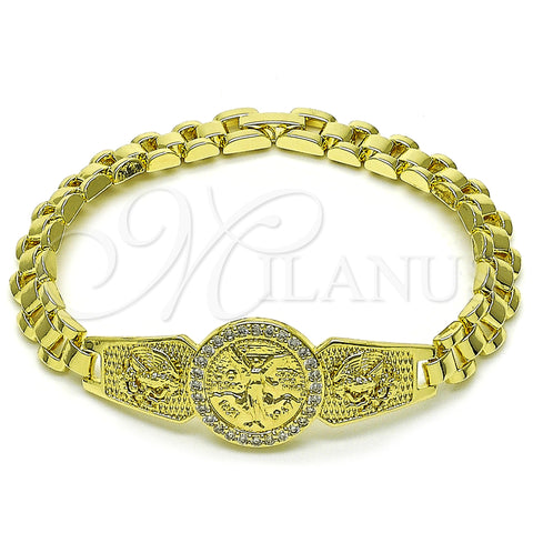 Oro Laminado Fancy Bracelet, Gold Filled Style Centenario Coin and Eagle Design, with White Cubic Zirconia, Polished, Golden Finish, 03.411.0064.08 (20 MM Thickness, 8 Inches Length)