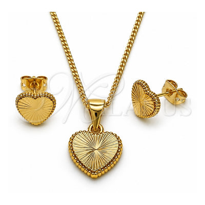 Oro Laminado Earring and Pendant Adult Set, Gold Filled Style Heart Design, Diamond Cutting Finish, Golden Finish, 10.342.0203