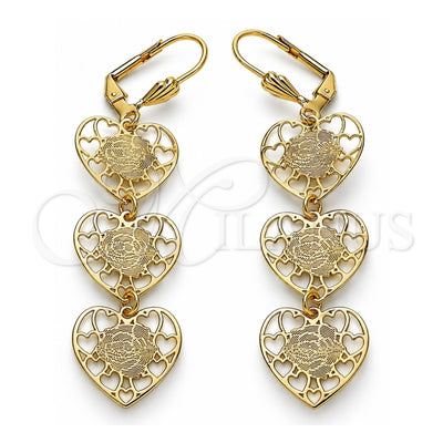 Oro Laminado Long Earring, Gold Filled Style Heart and Flower Design, Polished, Golden Finish, 5.095.009.1
