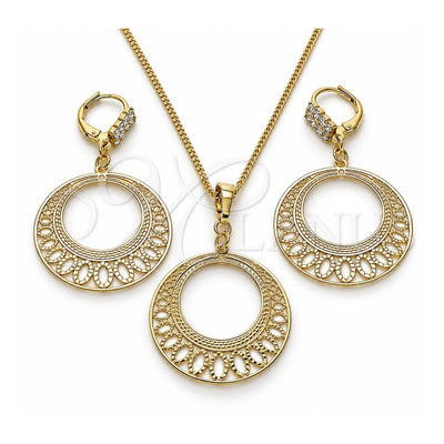 Oro Laminado Earring and Pendant Adult Set, Gold Filled Style with White Crystal, Polished, Golden Finish, 10.63.0605