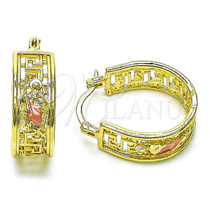 Gold Filled Hoop Earrings — Small Hoop San Judas and Greek Key Design — main product view — SKU 157439 | Oro Laminado aretes de aro — aro pequeño San Judas and Greek Key diseño — SKU 157439