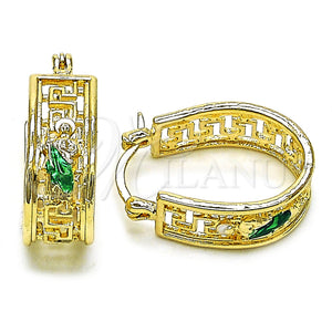 Gold Filled Hoop Earrings — Small Hoop San Judas and Greek Key Design — main product view — SKU 157440 | Oro Laminado aretes de aro — aro pequeño San Judas and Greek Key diseño — SKU 157440