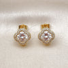 Oro Laminado Stud Earring, Gold Filled Style Four-leaf Clover and Cluster Design, with White Cubic Zirconia and White Micro Pave, Polished, Golden Finish, 02.283.0151