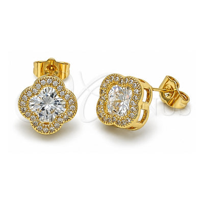 Oro Laminado Stud Earring, Gold Filled Style Four-leaf Clover and Cluster Design, with White Cubic Zirconia and White Micro Pave, Polished, Golden Finish, 02.283.0151
