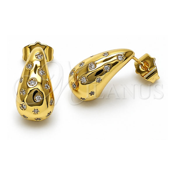 Oro Laminado Stud Earring, Gold Filled Style Teardrop Design, with White Cubic Zirconia, Polished, Golden Finish, 02.283.0154