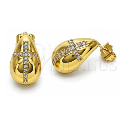 Oro Laminado Stud Earring, Gold Filled Style Teardrop and Cross Design, with White Cubic Zirconia, Polished, Golden Finish, 02.283.0156