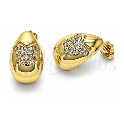 Oro Laminado Stud Earring, Gold Filled Style Teardrop and Butterfly Design, with White Cubic Zirconia, Polished, Golden Finish, 02.283.0157