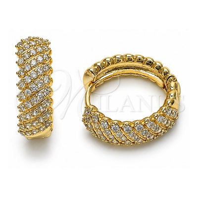 Oro Laminado Huggie Hoop, Gold Filled Style Twist Design, with White Cubic Zirconia, Polished, Golden Finish, 02.283.0159.20