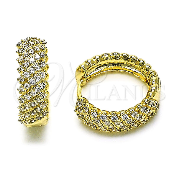 Oro Laminado Huggie Hoop, Gold Filled Style Twist Design, with White Cubic Zirconia, Polished, Golden Finish, 02.283.0159.20