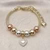 Oro Laminado Fancy Bracelet, Gold Filled Style Heart and Rat Tail Design, with White Cubic Zirconia, Polished, Tricolor, 03.411.0067.07