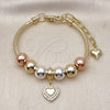Oro Laminado Fancy Bracelet, Gold Filled Style Heart and Rat Tail Design, with White Cubic Zirconia, Polished, Tricolor, 03.411.0067.07 (03 MM Thickness, 7 Inches Length)