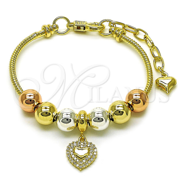 Oro Laminado Fancy Bracelet, Gold Filled Style Heart and Rat Tail Design, with White Cubic Zirconia, Polished, Tricolor, 03.411.0067.07 (03 MM Thickness, 7 Inches Length)