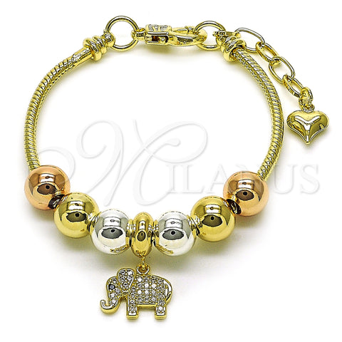 Oro Laminado Fancy Bracelet, Gold Filled Style Elephant and Rat Tail Design, with White Cubic Zirconia, Polished, Tricolor, 03.411.0068.07 (03 MM Thickness, 7 Inches Length)
