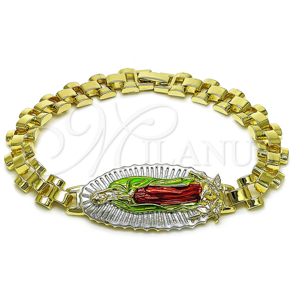 Oro Laminado Fancy Bracelet, Gold Filled Style Guadalupe Design, Diamond Cutting Finish, Tricolor, 03.120.0010.2.08 (10 MM Thickness, 9 Inches Length)