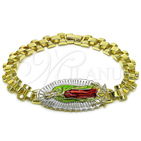 Oro Laminado Fancy Bracelet, Gold Filled Style Guadalupe Design, Diamond Cutting Finish, Tricolor, 03.120.0010.2.08 (10 MM Thickness, 9 Inches Length)