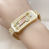Oro Laminado Fancy Bracelet, Gold Filled Style San Judas and Greek Key Design, Diamond Cutting Finish, Tricolor, 03.120.0011.08 (12 MM Thickness, 9 Inches Length)