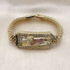 Oro Laminado Fancy Bracelet, Gold Filled Style San Judas and Greek Key Design, Diamond Cutting Finish, Tricolor, 03.120.0011.08 (12 MM Thickness, 9 Inches Length)