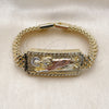 Oro Laminado Fancy Bracelet, Gold Filled Style San Judas and Greek Key Design, Diamond Cutting Finish, Tricolor, 03.120.0011.08 (12 MM Thickness, 9 Inches Length)