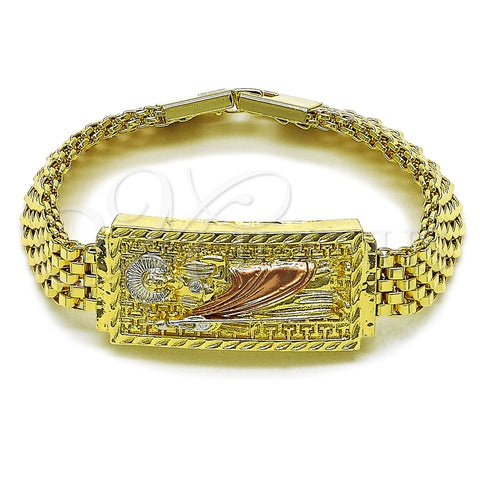 Oro Laminado Fancy Bracelet, Gold Filled Style San Judas and Greek Key Design, Diamond Cutting Finish, Tricolor, 03.120.0011.08 (12 MM Thickness, 9 Inches Length)