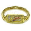 Oro Laminado Fancy Bracelet, Gold Filled Style San Judas and Greek Key Design, Diamond Cutting Finish, Tricolor, 03.120.0011.08 (12 MM Thickness, 9 Inches Length)