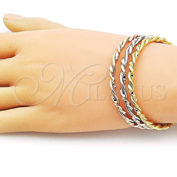 Gold Filled Jewelry — Trio Bangle Twist Design Polished Tricolor 07. 04 — alternate product view — SKU 157538 | Oro Laminado joyería — Trio Bangle Twist diseño pulido Tricolor 07. 04 — SKU 157538