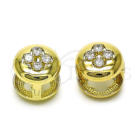 Oro Laminado Huggie Hoop, Gold Filled Style Flower and Four-leaf Clover Design, with White Cubic Zirconia, Polished, Golden Finish, 02.213.0774.14