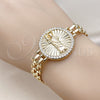 Oro Laminado Fancy Bracelet, Gold Filled Style San Judas and Bismark Design, with White Micro Pave, Polished, Golden Finish, 03.283.0340.1.07 (10 MM Thickness, 7 Inches Length)