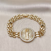 Oro Laminado Fancy Bracelet, Gold Filled Style San Judas and Bismark Design, with White Micro Pave, Polished, Golden Finish, 03.283.0340.1.07 (10 MM Thickness, 7 Inches Length)
