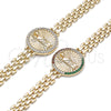 Oro Laminado Fancy Bracelet, Gold Filled Style San Judas and Bismark Design, with White Micro Pave, Polished, Golden Finish, 03.283.0340.1.07 (10 MM Thickness, 7 Inches Length)