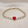 Oro Laminado Fancy Bracelet, Gold Filled Style Heart and Baguette Design, with Garnet and White Cubic Zirconia, Polished, Golden Finish, 03.283.0304.3.07