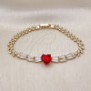 Oro Laminado Fancy Bracelet, Gold Filled Style Heart and Baguette Design, with Garnet and White Cubic Zirconia, Polished, Golden Finish, 03.283.0304.3.07 (05 MM Thickness, 7 Inches Length)