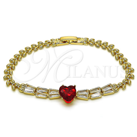 Oro Laminado Fancy Bracelet, Gold Filled Style Heart and Baguette Design, with Garnet and White Cubic Zirconia, Polished, Golden Finish, 03.283.0304.3.07 (05 MM Thickness, 7 Inches Length)