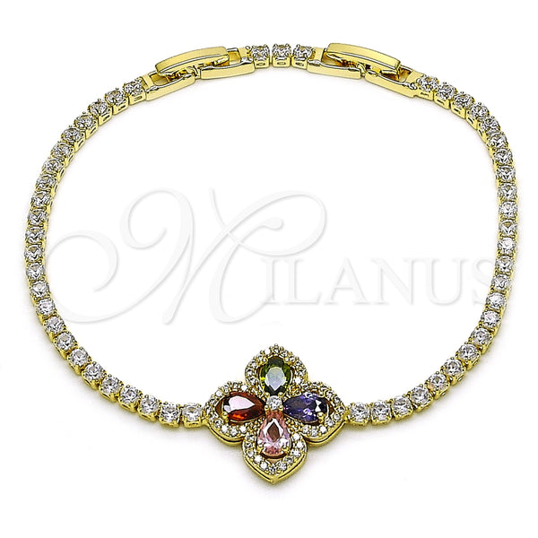 Oro Laminado Tennis Bracelet, Gold Filled Style Four-leaf Clover Design, with Multicolor and White Cubic Zirconia, Polished, Golden Finish, 03.284.0038.2.08