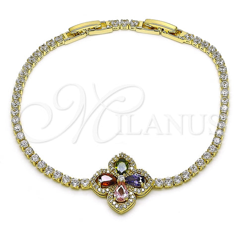 Oro Laminado Tennis Bracelet, Gold Filled Style Four-leaf Clover Design, with Multicolor and White Cubic Zirconia, Polished, Golden Finish, 03.284.0038.2.08