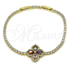 Oro Laminado Tennis Bracelet, Gold Filled Style Four-leaf Clover Design, with Multicolor and White Cubic Zirconia, Polished, Golden Finish, 03.284.0038.2.08