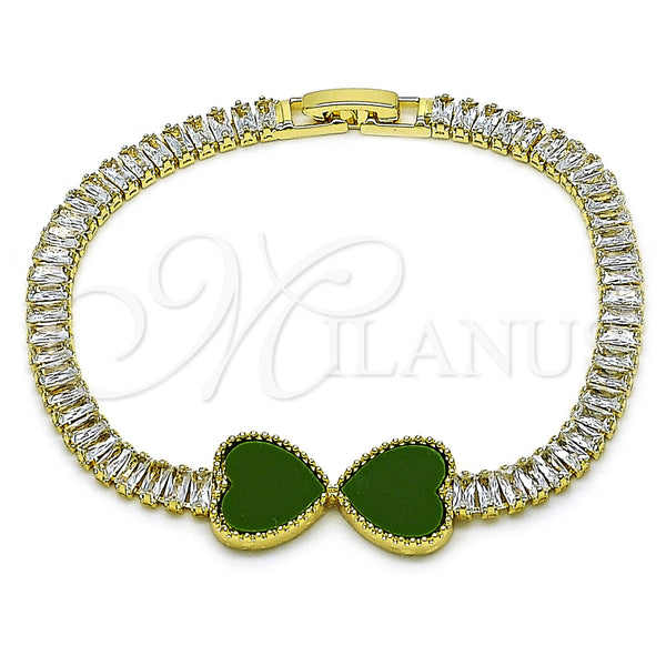 Oro Laminado Fancy Bracelet, Gold Filled Style Heart and Baguette Design, with Light Green Mother of Pearl and White Cubic Zirconia, Polished, Golden Finish, 03.284.0050.07 (05 MM Thickness, 7 Inches Length)