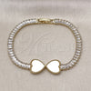 Oro Laminado Fancy Bracelet, Gold Filled Style Heart and Baguette Design, with Ivory Mother of Pearl and White Cubic Zirconia, Polished, Golden Finish, 03.284.0050.2.07 (05 MM Thickness, 7 Inches Length)