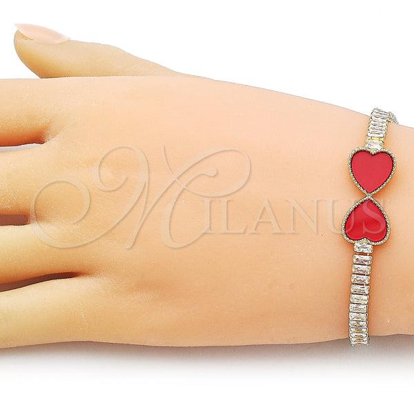 Gold Filled Bracelet — Fancy Bracelet Heart and Baguette Design with Garnet — alternate product view — SKU 157649 | Oro Laminado brazalete — elegante Bracelet corazón and Baguette diseño with Garnet — SKU 157649