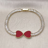 Oro Laminado Fancy Bracelet, Gold Filled Style Heart and Baguette Design, with Garnet Mother of Pearl and White Cubic Zirconia, Polished, Golden Finish, 03.284.0050.3.07 (05 MM Thickness, 7 Inches Length)