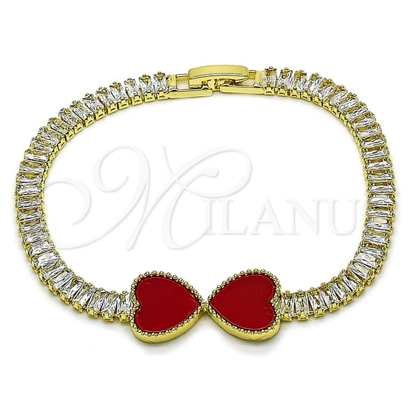 Gold Filled Bracelet — Fancy Bracelet Heart and Baguette Design with Garnet — main product view — SKU 157649 | Oro Laminado brazalete — elegante Bracelet corazón and Baguette diseño with Garnet — SKU 157649