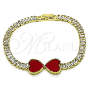 Gold Filled Bracelet — Fancy Bracelet Heart and Baguette Design with Garnet — main product view — SKU 157649 | Oro Laminado brazalete — elegante Bracelet corazón and Baguette diseño with Garnet — SKU 157649