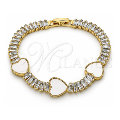 Oro Laminado Fancy Bracelet, Gold Filled Style Heart and Baguette Design, with Ivory Mother of Pearl and White Cubic Zirconia, Polished, Golden Finish, 03.283.0423.3.07 (06 MM Thickness, 7 Inches Length)