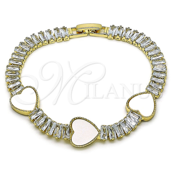 Oro Laminado Fancy Bracelet, Gold Filled Style Heart and Baguette Design, with Ivory Mother of Pearl and White Cubic Zirconia, Polished, Golden Finish, 03.283.0423.3.07 (06 MM Thickness, 7 Inches Length)