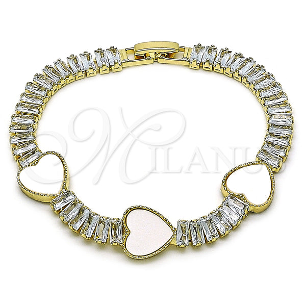 Oro Laminado Fancy Bracelet, Gold Filled Style Heart and Baguette Design, with Ivory Mother of Pearl and White Cubic Zirconia, Polished, Golden Finish, 03.283.0423.3.07 (06 MM Thickness, 7 Inches Length)
