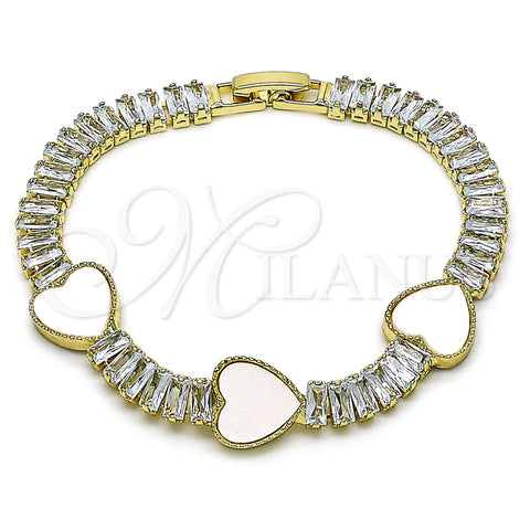 Oro Laminado Fancy Bracelet, Gold Filled Style Heart and Baguette Design, with Ivory Mother of Pearl and White Cubic Zirconia, Polished, Golden Finish, 03.283.0423.3.07 (06 MM Thickness, 7 Inches Length)