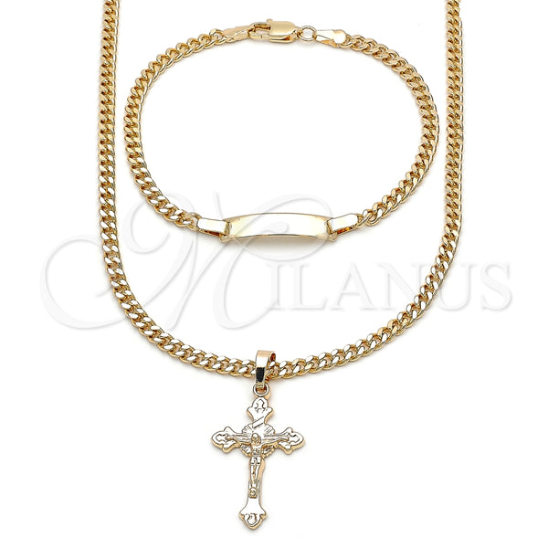 Oro Laminado Necklace and Bracelet, Gold Filled Style Crucifix and Miami Cuban Design, Polished, Golden Finish, 06.63.0274