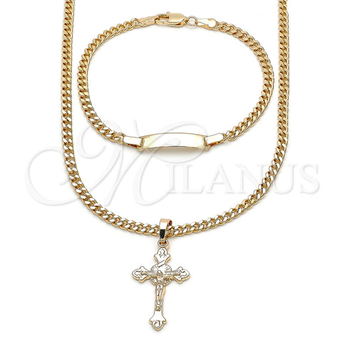 Oro Laminado Necklace and Bracelet, Gold Filled Style Crucifix and Miami Cuban Design, Polished, Golden Finish, 06.63.0274