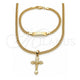 Oro Laminado Necklace and Bracelet, Gold Filled Style Crucifix and Miami Cuban Design, Polished, Golden Finish, 06.63.0274
